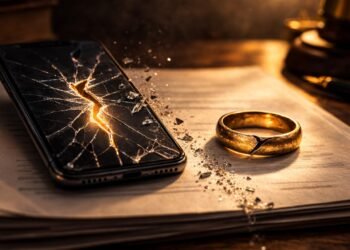 Cracked smartphone beside a damaged gold wedding ring on court papers, symbolizing the Brenay Kennard lawsuit and $1.75M civil judgment
