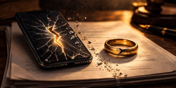 Cracked smartphone beside a damaged gold wedding ring on court papers, symbolizing the Brenay Kennard lawsuit and $1.75M civil judgment