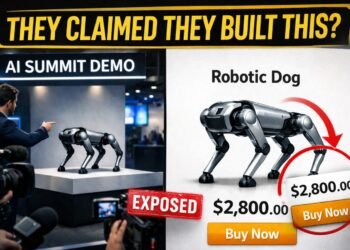 Side-by-side comparison image of the Galgotias University robot dog clip and a Unitree Go2 product listing