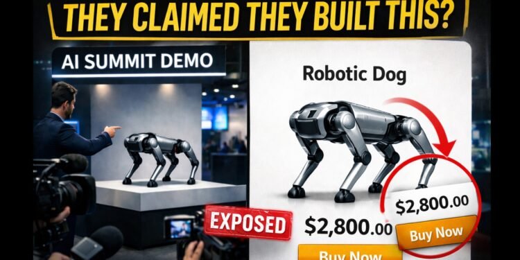 Side-by-side comparison image of the Galgotias University robot dog clip and a Unitree Go2 product listing