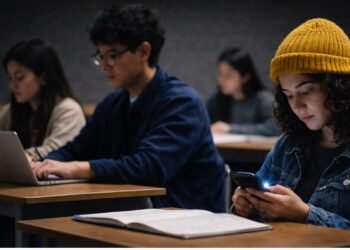 Young Gen Z student looking at a smartphone during a class discussion, highlighting the Gen Z education debate