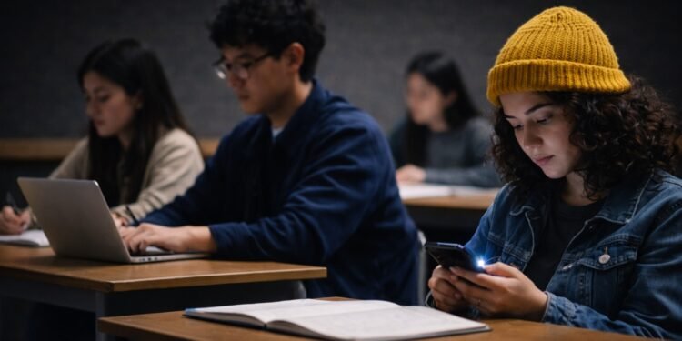 Young Gen Z student looking at a smartphone during a class discussion, highlighting the Gen Z education debate