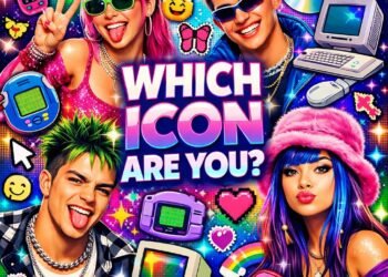 Gen Z icon personality quiz cover featuring Y2K collage with retro tech and neon aesthetic