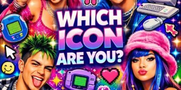 Gen Z icon personality quiz cover featuring Y2K collage with retro tech and neon aesthetic