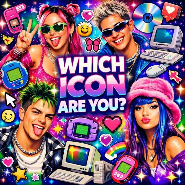 Gen Z icon personality quiz cover featuring Y2K collage with retro tech and neon aesthetic