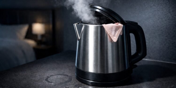 Steaming hotel room kettle with lace underwear edge, sparking hygiene outrage.