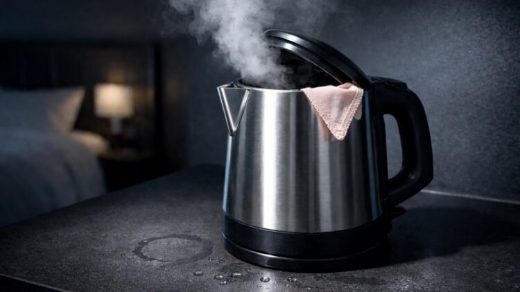 Steaming hotel room kettle with lace underwear edge, sparking hygiene outrage.