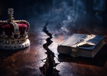 Faceless symbolic crown and torn memoir book split by a cracked table, representing resurfaced Prince Harry comments after Andrew’s arrest.