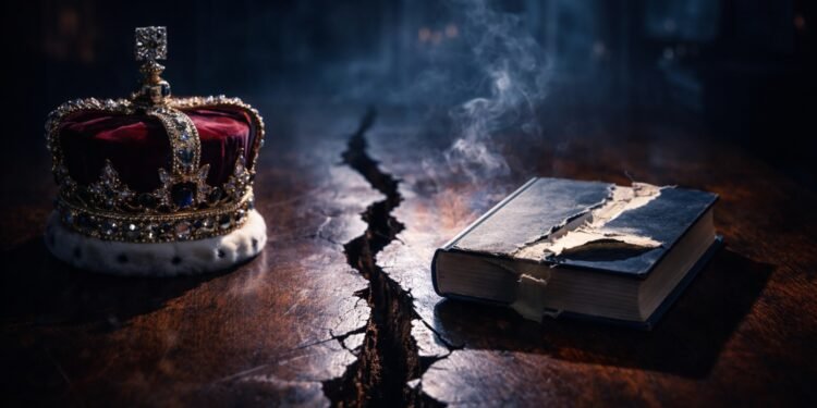 Faceless symbolic crown and torn memoir book split by a cracked table, representing resurfaced Prince Harry comments after Andrew’s arrest.