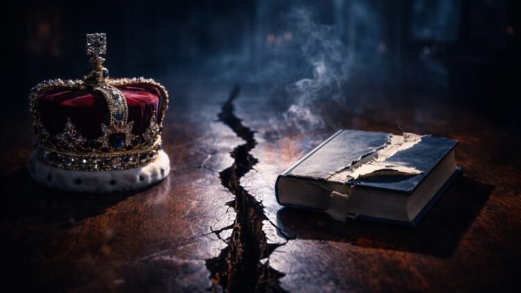 Faceless symbolic crown and torn memoir book split by a cracked table, representing resurfaced Prince Harry comments after Andrew’s arrest.