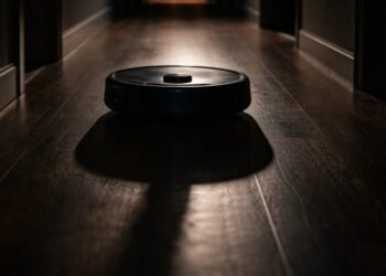 Robot vacuum in a dark hallway casting a long shadow, hinting at a robot vacuum army risk