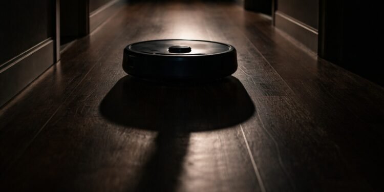 Robot vacuum in a dark hallway casting a long shadow, hinting at a robot vacuum army risk