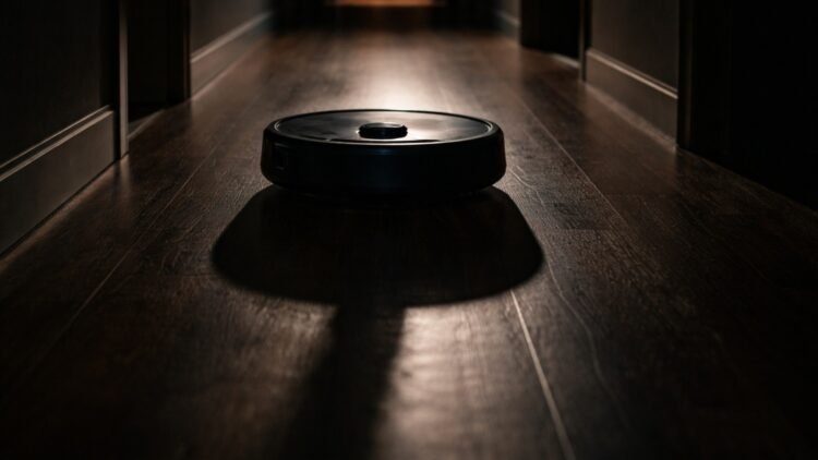 Robot vacuum in a dark hallway casting a long shadow, hinting at a robot vacuum army risk